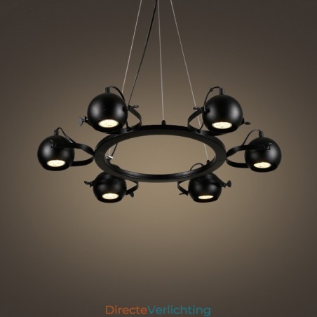 6-lichts retro vintage zwarte ijzeren hanglamp met zwarte ijzeren bolvormige kappen 6-lichts retro vintage zwarte ijzeren hanglamp met zwarte ijzeren bolvormige kappen