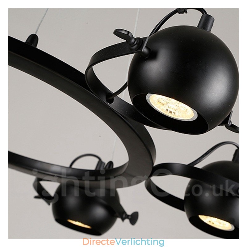 6-lichts retro vintage zwarte ijzeren hanglamp met zwarte ijzeren bolvormige kappen