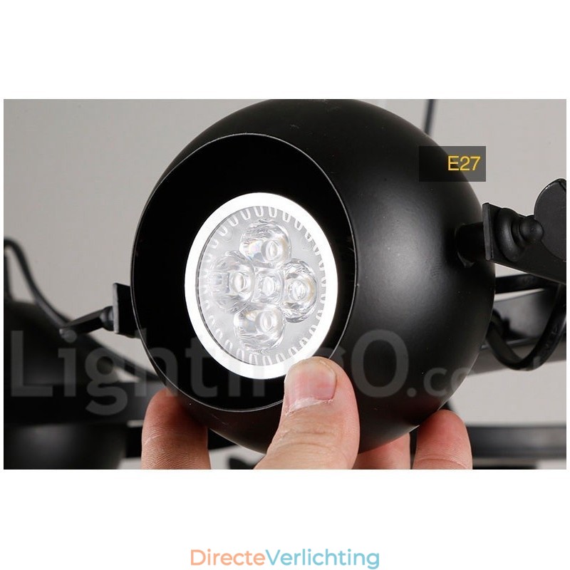 6-lichts retro vintage zwarte ijzeren hanglamp met zwarte ijzeren bolvormige kappen