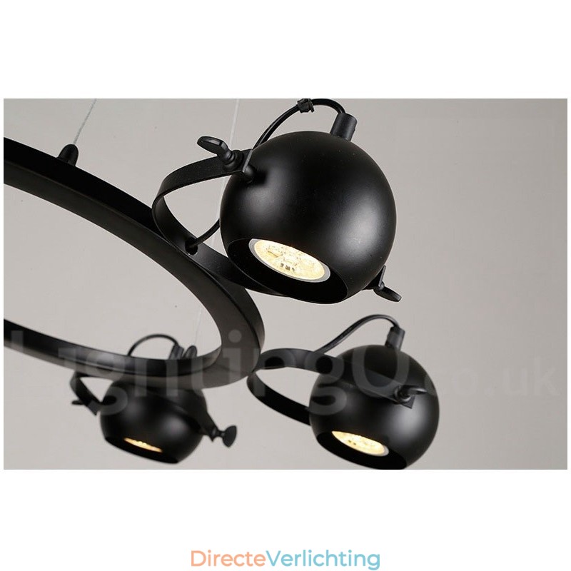 6-lichts retro vintage zwarte ijzeren hanglamp met zwarte ijzeren bolvormige kappen