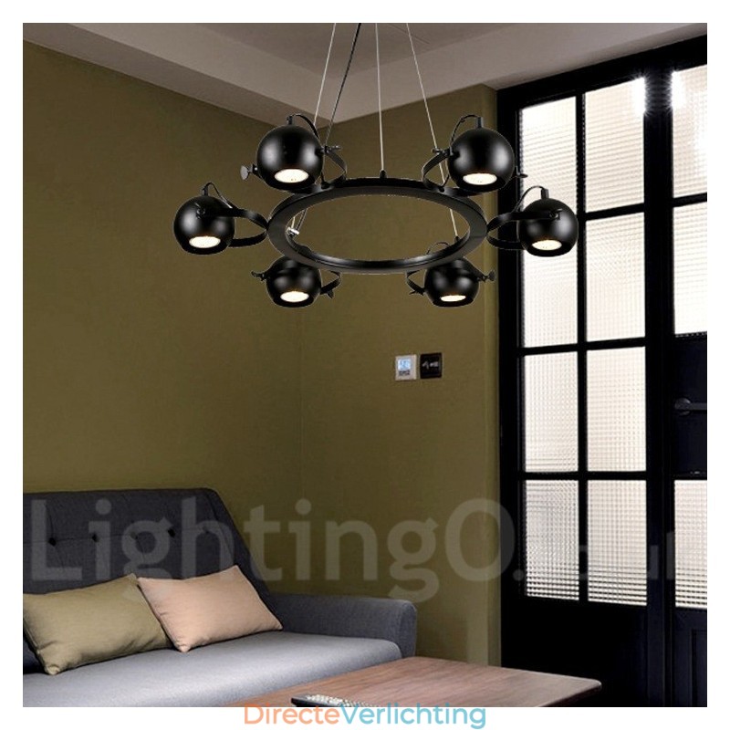 6-lichts retro vintage zwarte ijzeren hanglamp met zwarte ijzeren bolvormige kappen