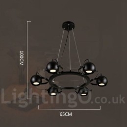 6-lichts retro vintage zwarte ijzeren hanglamp met zwarte ijzeren bolvormige kappen