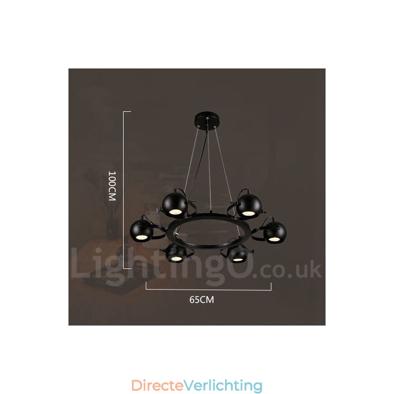 6-lichts retro vintage zwarte ijzeren hanglamp met zwarte ijzeren bolvormige kappen