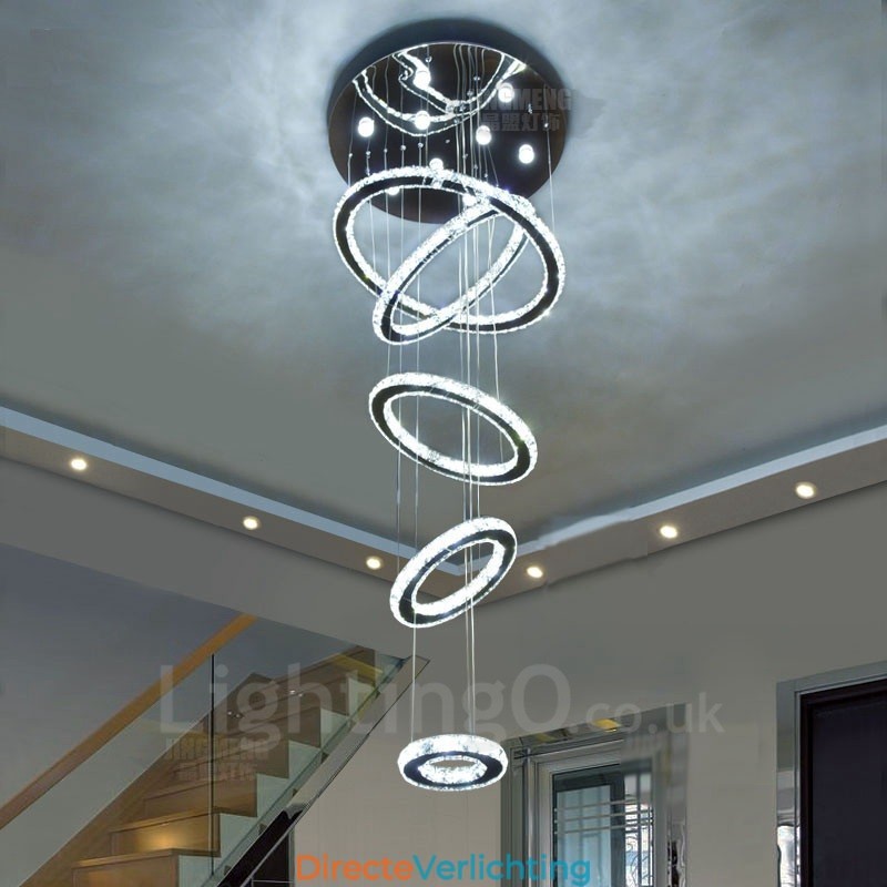 Dimbare Wi-Fi Smart Drie lichtbronkleuren 5 ringen Moderne kristallen plafond hanglamp Binnen kroonluchter