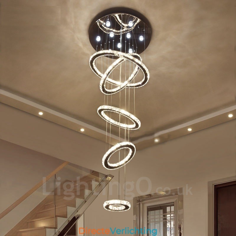 Dimbare Wi-Fi Smart Drie lichtbronkleuren 5 ringen Moderne kristallen plafond hanglamp Binnen kroonluchter