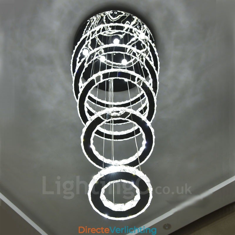 Dimbare Wi-Fi Smart Drie lichtbronkleuren 5 ringen Moderne kristallen plafond hanglamp Binnen kroonluchter