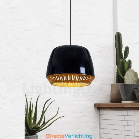 1-lichts moderne, eigentijdse hanglamp met zwart-wit-rood-blauwe kap 1-lichts moderne, eigentijdse hanglamp met zwart-wit-rood-blauwe kap