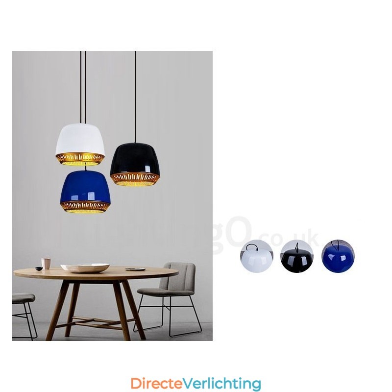 1-lichts moderne, eigentijdse hanglamp met zwart-wit-rood-blauwe kap
