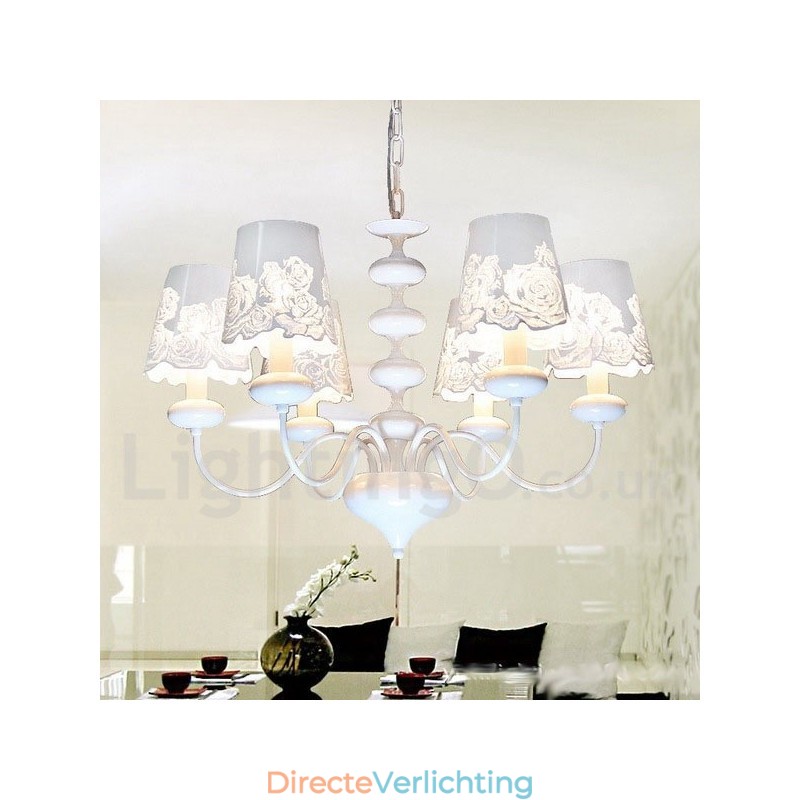 6-lichts moderne, eigentijdse, holle, witte kroonluchter in kaarsstijl