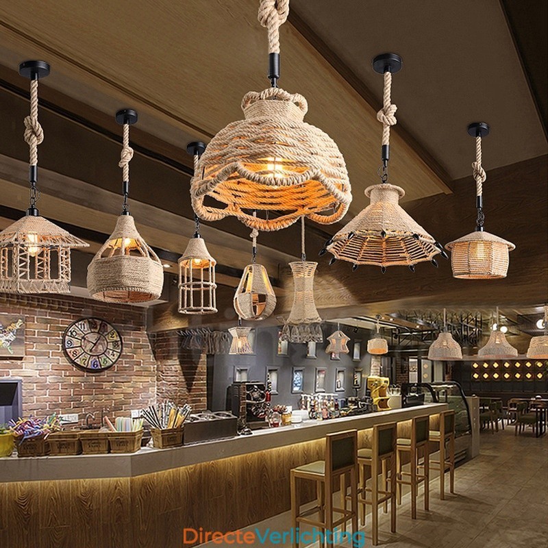 1 Licht Rustieke Lodge Hanglamp Café Hennep Touw Hanglamp