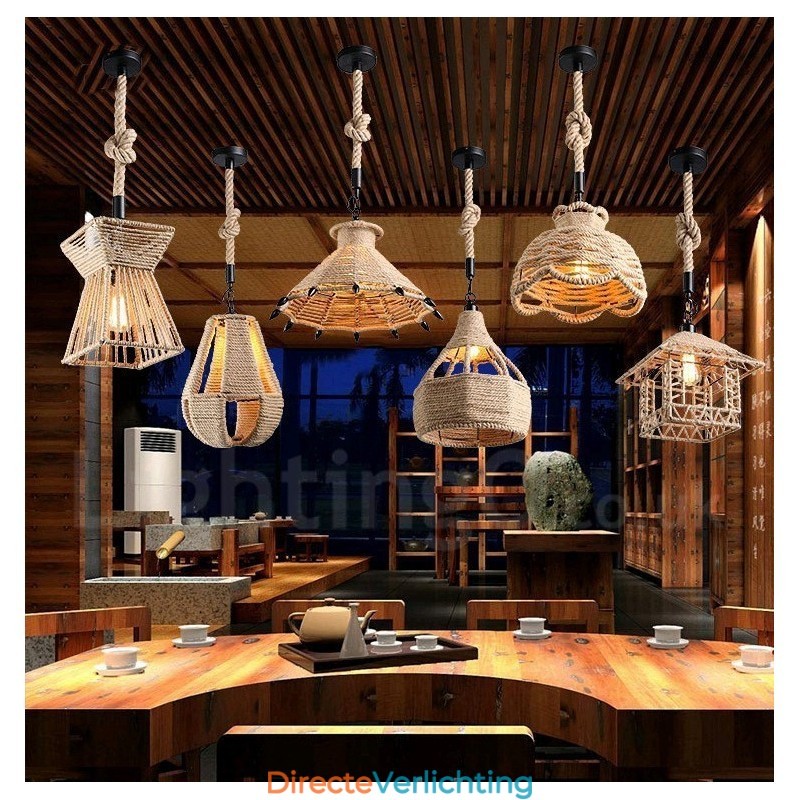 1 Licht Rustieke Lodge Hanglamp Café Hennep Touw Hanglamp