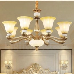 8-lichts retro traditionele luxe kroonluchter van zinklegering met glazen kap
