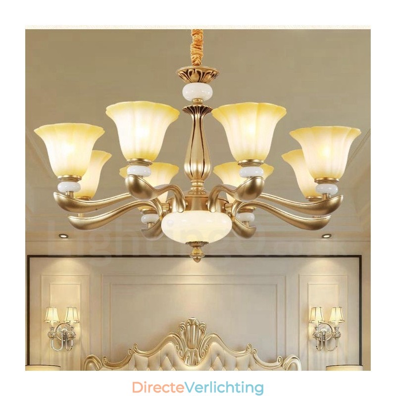 8-lichts retro traditionele luxe kroonluchter van zinklegering met glazen kap