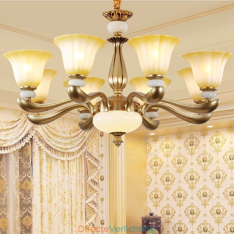 8-lichts retro traditionele luxe kroonluchter van zinklegering met glazen kap