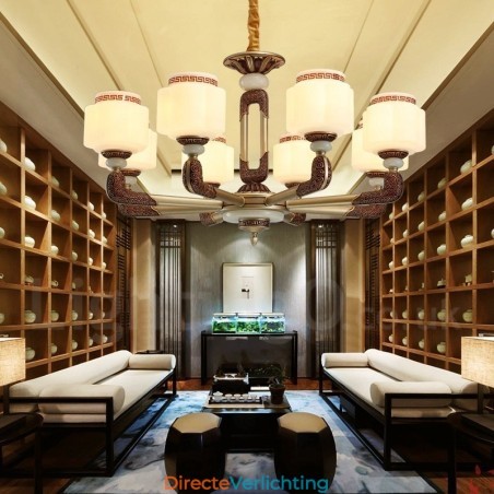 8-lichts retro traditionele luxe lobby kroonluchter van zinklegering met glazen kap 8-lichts retro traditionele luxe lobby kroonluchter van zinklegering met glazen kap