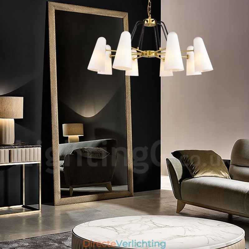 8-lichts retro rustieke luxe messing hanglamp kroonluchter met glazen kap