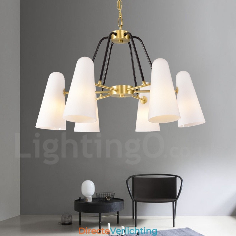 6-lichts retro rustieke luxe messing hanglamp kroonluchter met glazen kap