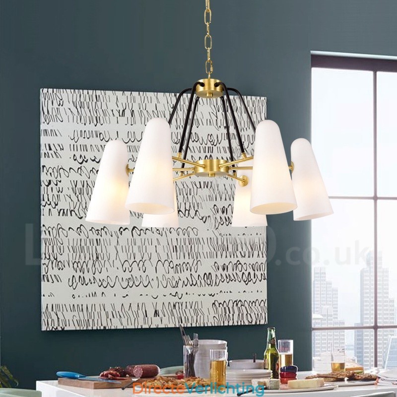6-lichts retro rustieke luxe messing hanglamp kroonluchter met glazen kap
