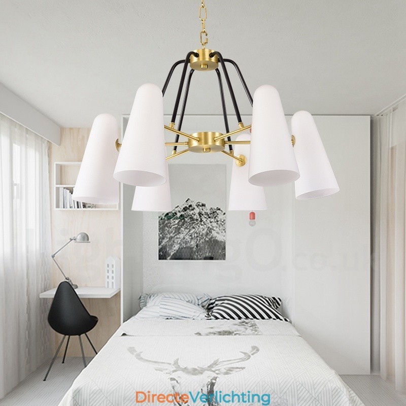 6-lichts retro rustieke luxe messing hanglamp kroonluchter met glazen kap