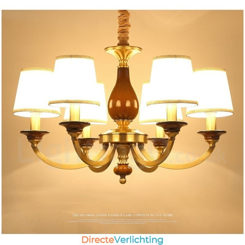 6-lichts retro rustieke luxe messing hanglamp kroonluchter met glazen kap