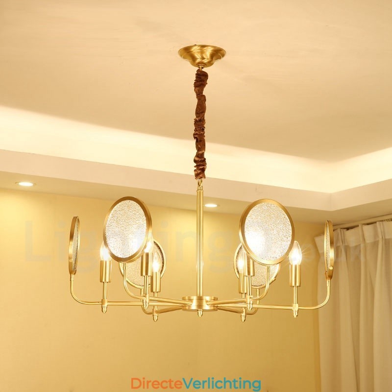 6-lichts retro rustieke luxe messing hanglamp kroonluchter met glazen kap