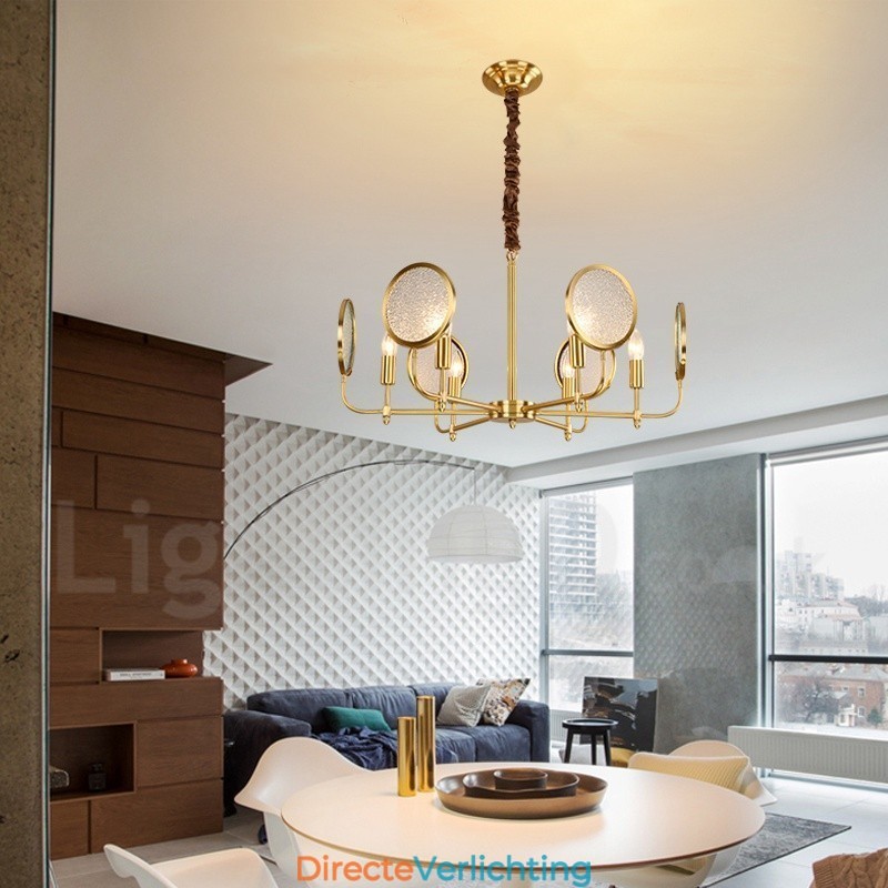 6-lichts retro rustieke luxe messing hanglamp kroonluchter met glazen kap