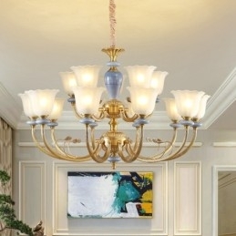 15 Lichts Retro Rustieke Luxe Messing Hanglamp Kroonluchter met Glazen Kap