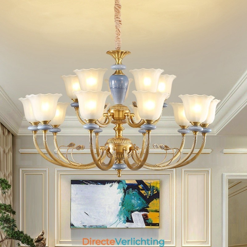15 Lichts Retro Rustieke Luxe Messing Hanglamp Kroonluchter met Glazen Kap