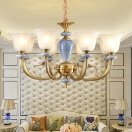 8-lichts retro rustieke luxe messing hanglamp kroonluchter met glazen kap
