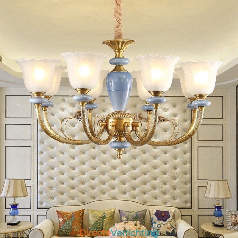 8-lichts retro rustieke luxe messing hanglamp kroonluchter met glazen kap