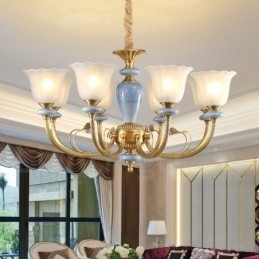 8-lichts retro rustieke luxe messing hanglamp kroonluchter met glazen kap