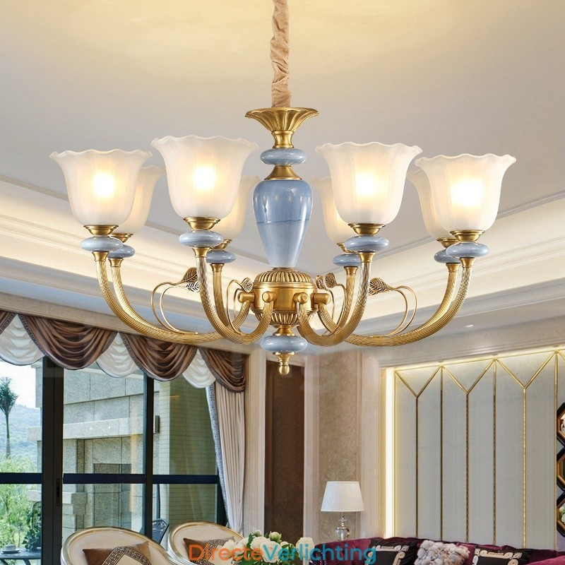8-lichts retro rustieke luxe messing hanglamp kroonluchter met glazen kap