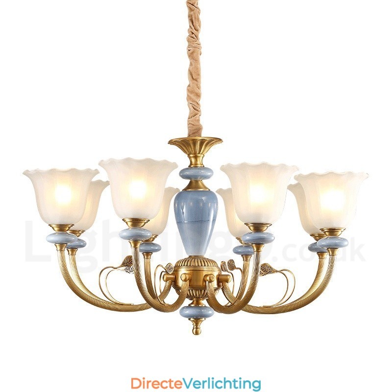 8-lichts retro rustieke luxe messing hanglamp kroonluchter met glazen kap