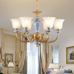 6-lichts retro rustieke luxe messing hanglamp kroonluchter met glazen kap