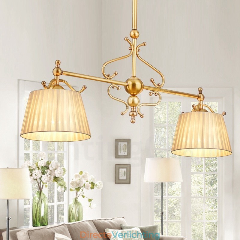 2-lichts retro rustieke luxe messing hanglamp kroonluchter met stoffen kap