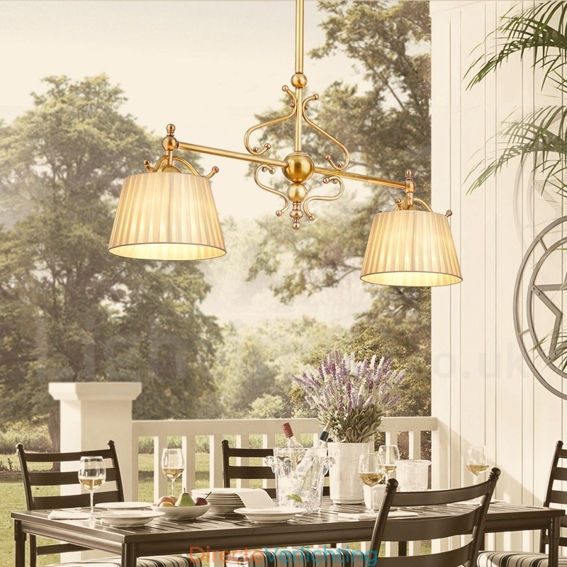 2-lichts retro rustieke luxe messing hanglamp kroonluchter met stoffen kap
