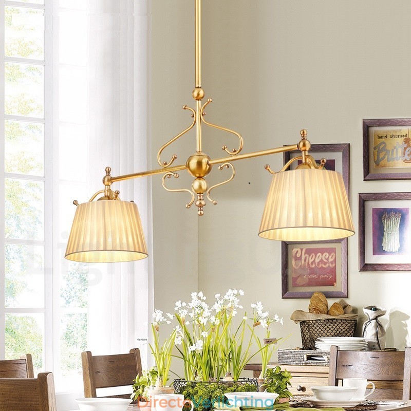 2-lichts retro rustieke luxe messing hanglamp kroonluchter met stoffen kap