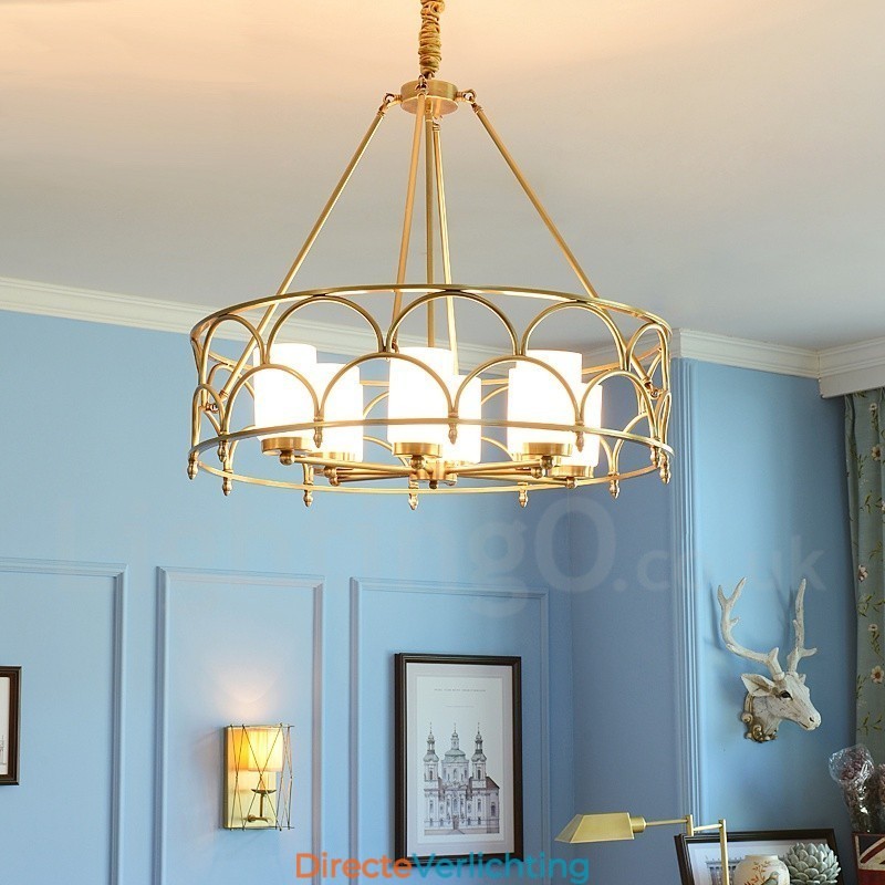 8-lichts retro rustieke luxe messing hanglamp kroonluchter met glazen kap