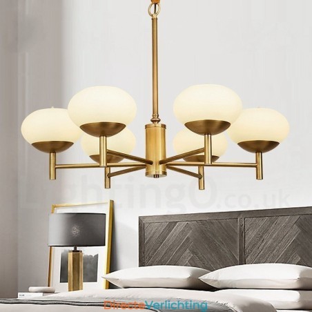 6-lichts retro rustieke luxe messing hanglamp kroonluchter met glazen kap 6-lichts retro rustieke luxe messing hanglamp kroonluchter met glazen kap