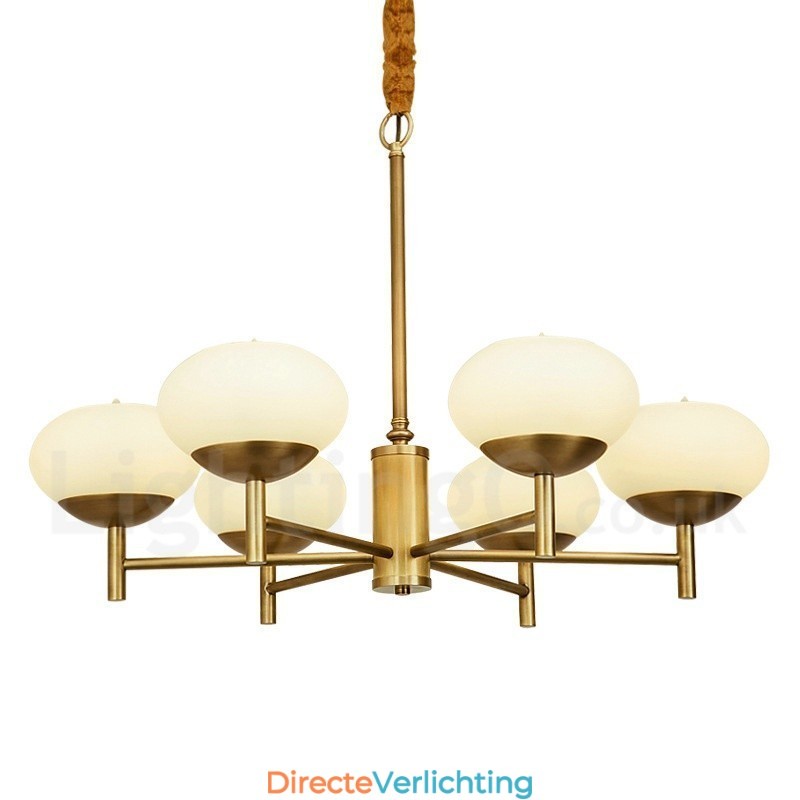 6-lichts retro rustieke luxe messing hanglamp kroonluchter met glazen kap