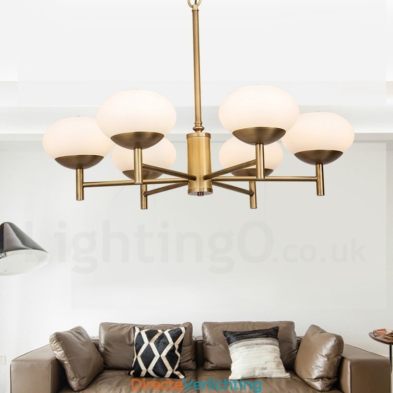 6-lichts retro rustieke luxe messing hanglamp kroonluchter met glazen kap