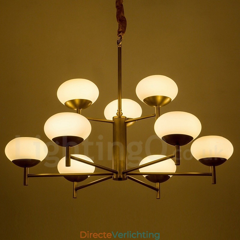 9-lichts retro rustieke luxe messing hanglamp kroonluchter met glazen kap