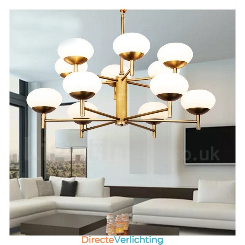 12 Licht Retro Rustieke Luxe Messing Hanglamp Kroonluchter met Glazen Kap