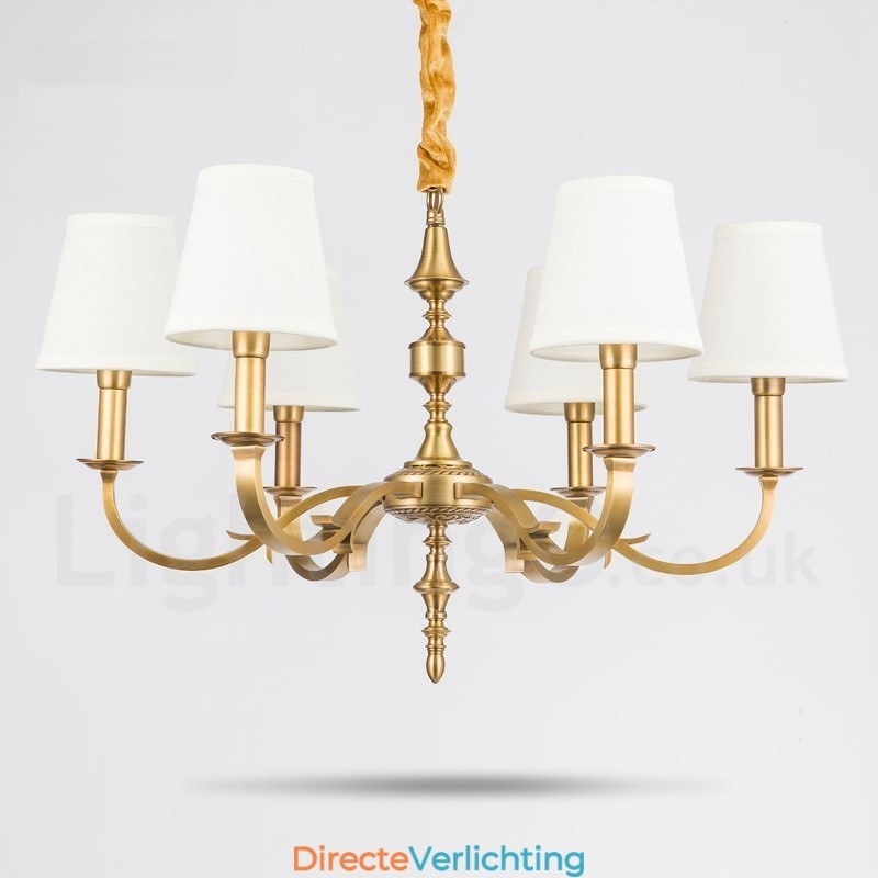 6-lichts retro rustieke luxe messing hanglamp kroonluchter met stoffen kap