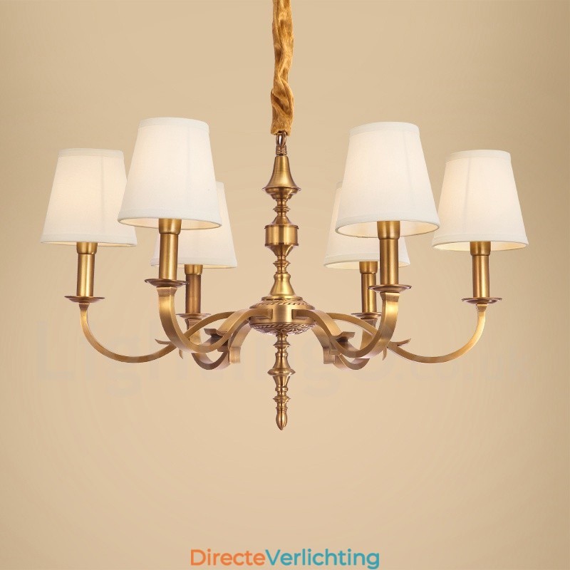 6-lichts retro rustieke luxe messing hanglamp kroonluchter met stoffen kap
