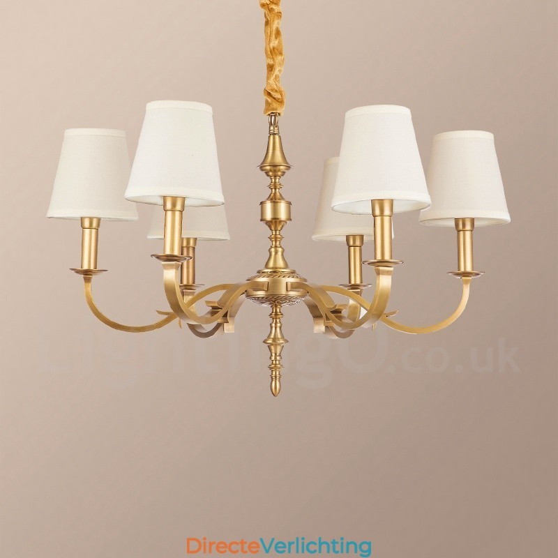 6-lichts retro rustieke luxe messing hanglamp kroonluchter met stoffen kap