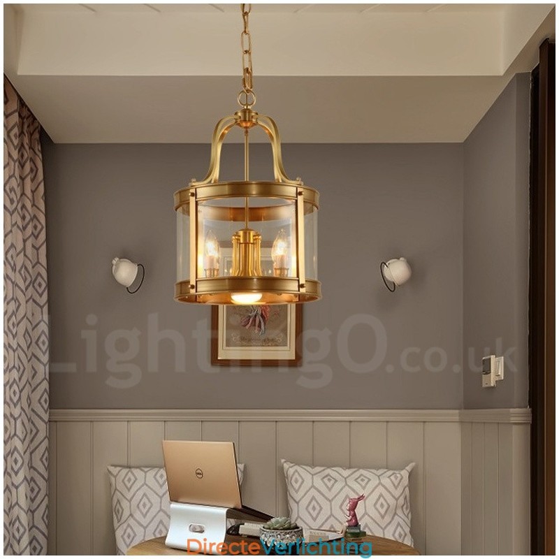 5-lichts retro rustieke luxe messing hanglamp kroonluchter met glazen kap