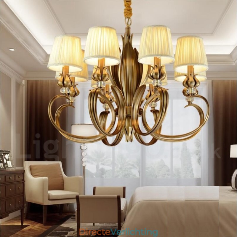 8-lichts retro rustieke luxe messing hanglamp kroonluchter met stoffen kap
