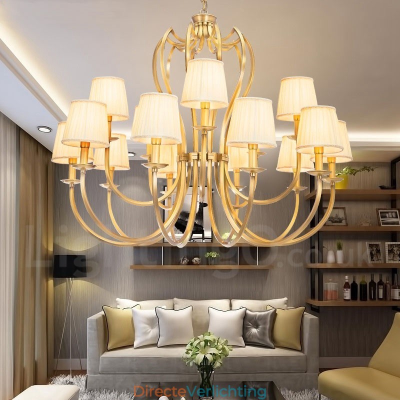 18 Lichts Retro Rustieke Luxe Messing Hanglamp Kroonluchter met Stoffen Kap