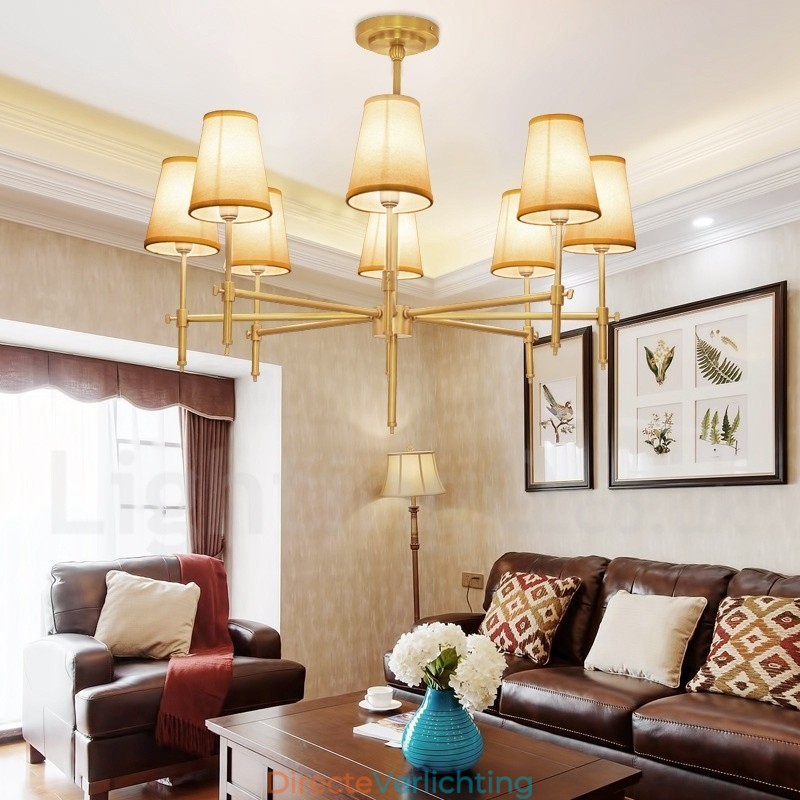 8-lichts retro rustieke luxe messing hanglamp kroonluchter met stoffen kap